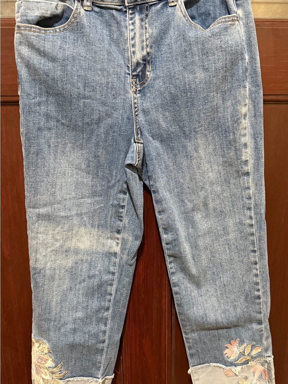CHARLIE B Medium Blue Denim Jeans with Tan Stitching